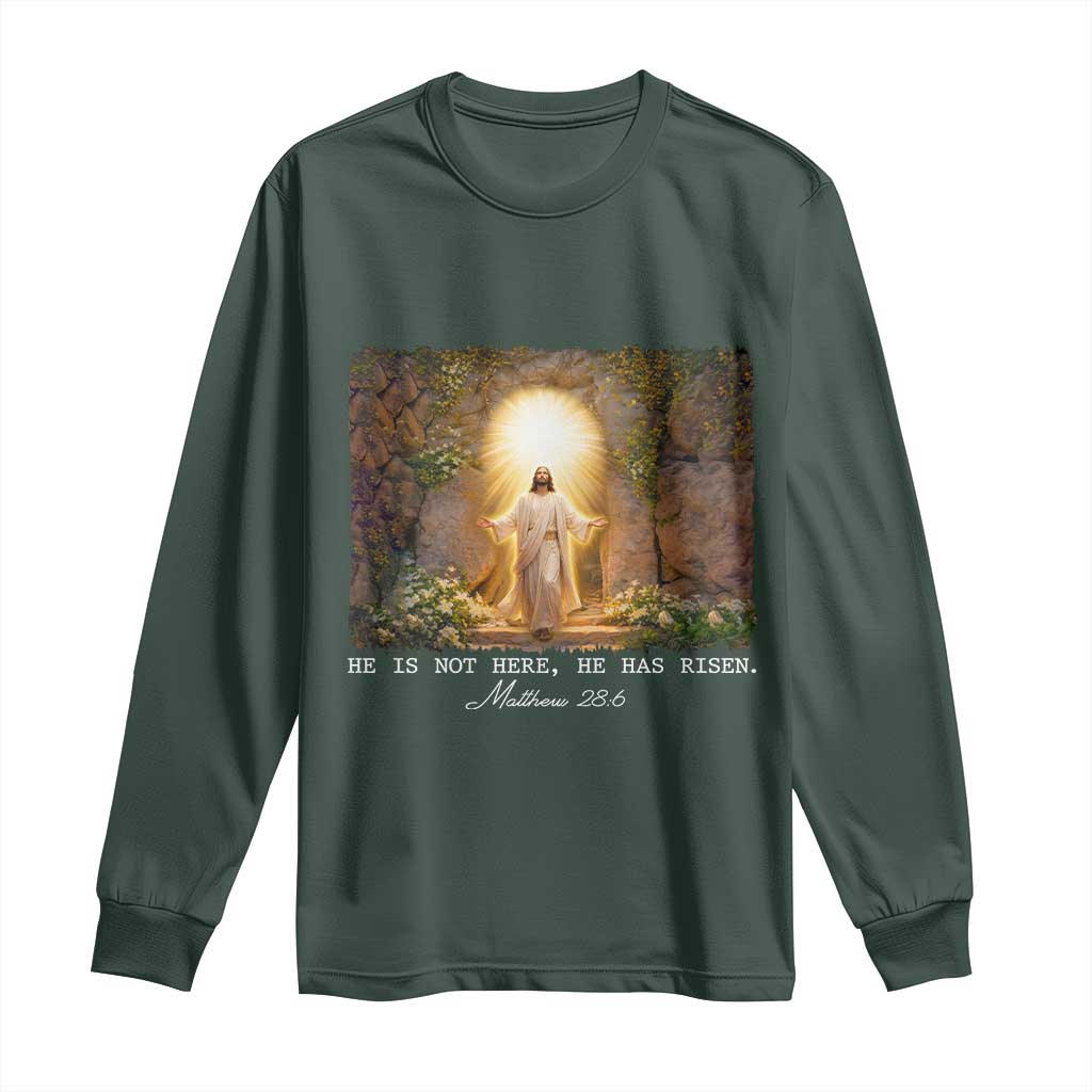 He Is Not Here He Has Risen Long Sleeve Shirt Easter Christian Jesus TS14 Dark Forest Green Print Your Wear