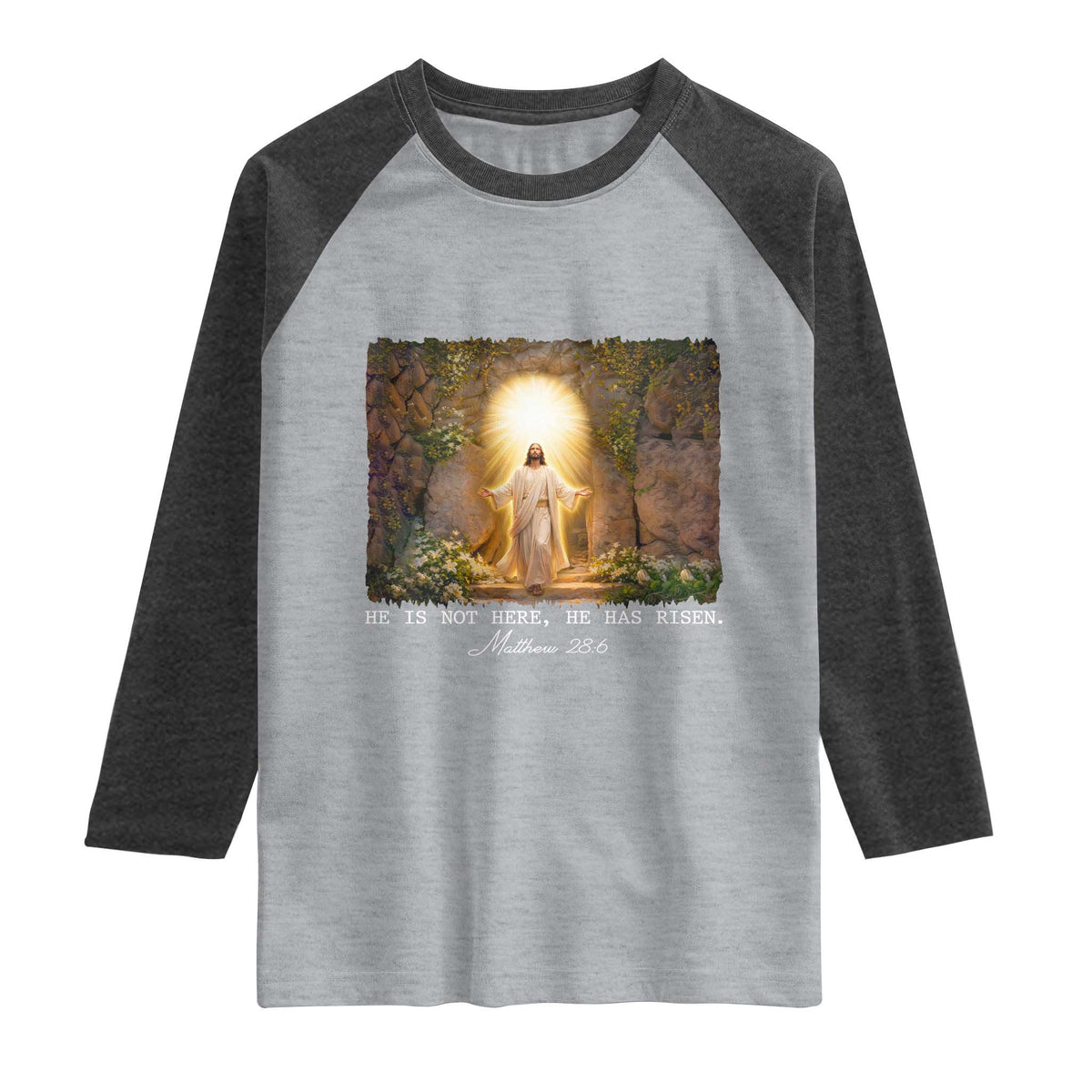 He Is Not Here He Has Risen Raglan Shirt Easter Christian Jesus TS14 Heather Gray Heather Charcoal Print Your Wear