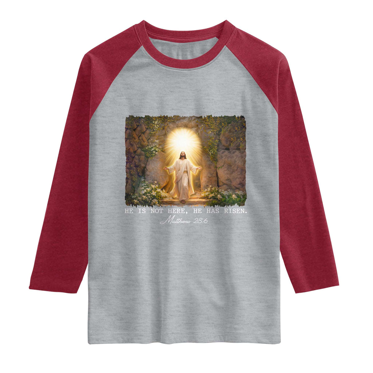 He Is Not Here He Has Risen Raglan Shirt Easter Christian Jesus TS14 Heather Gray Heather Red Print Your Wear
