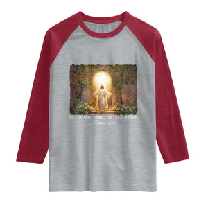 He Is Not Here He Has Risen Raglan Shirt Easter Christian Jesus TS14 Heather Gray Heather Red Print Your Wear