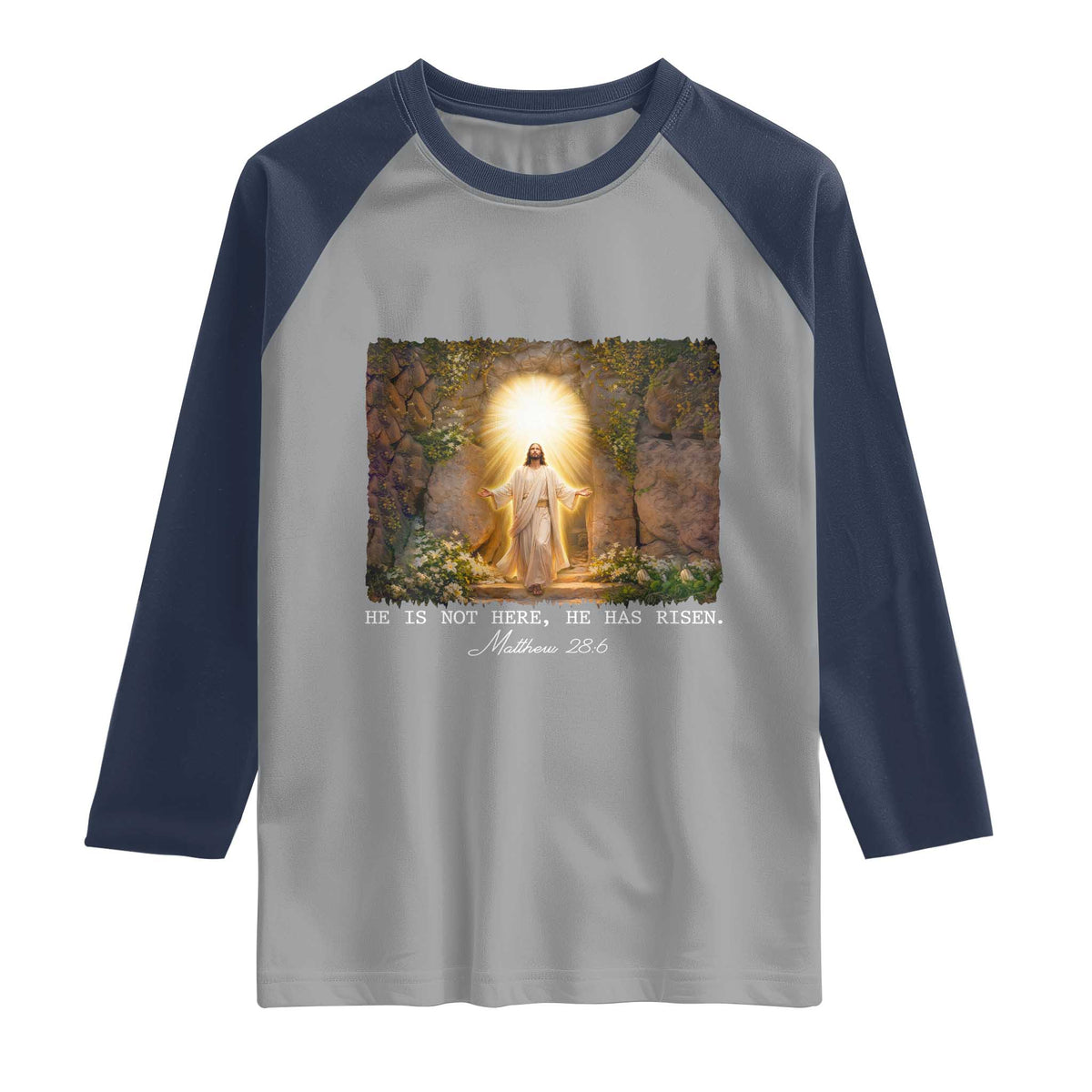 He Is Not Here He Has Risen Raglan Shirt Easter Christian Jesus TS14 Sport Gray Navy Print Your Wear