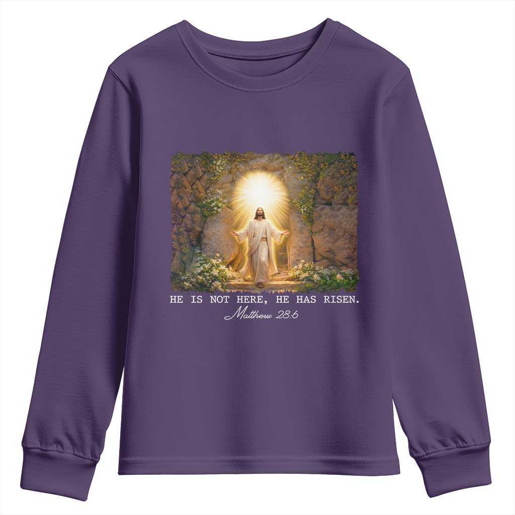 He Is Not Here He Has Risen Youth Sweatshirt Easter Christian Jesus TS14 Purple Print Your Wear