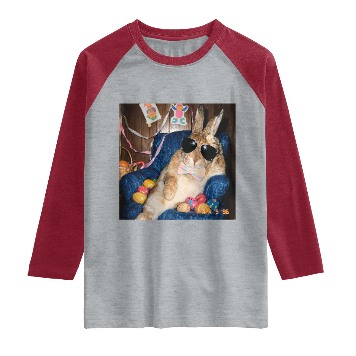 Funny Easter Bunny Sunglasses Graphic Raglan Shirt TS14 Heather Gray Heather Red Print Your Wear