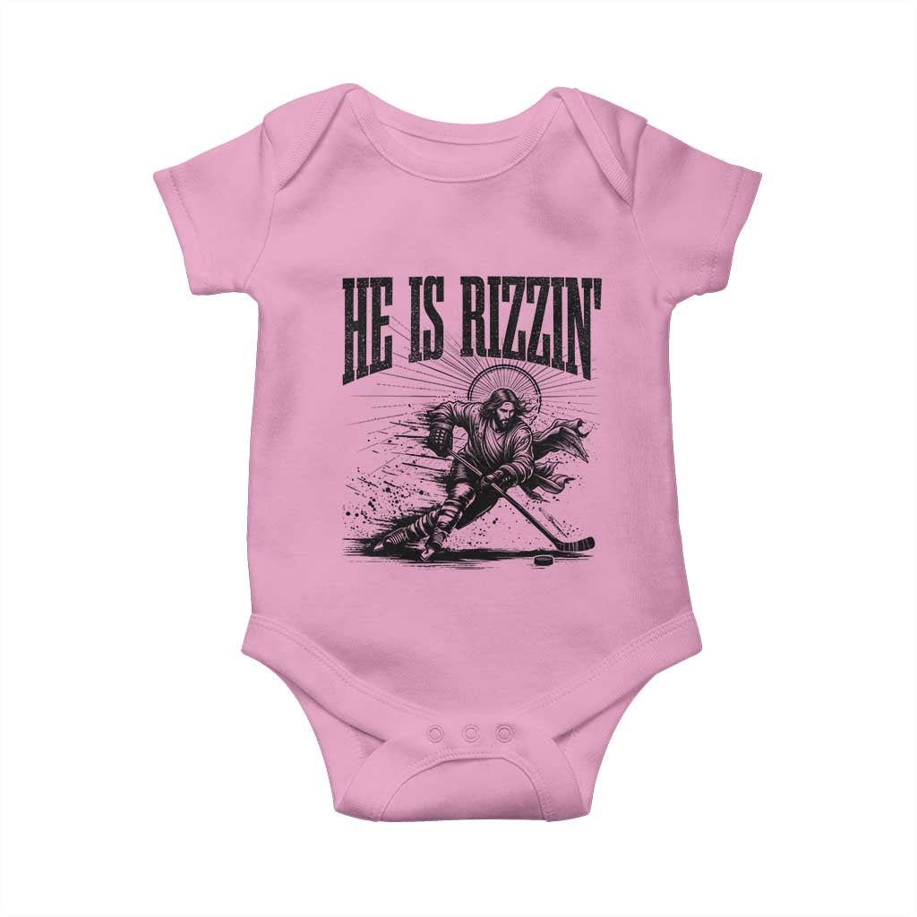 Funny Jesus Hockey Baby Onesie He Is Rizzin' TS14 Light Pink Print Your Wear