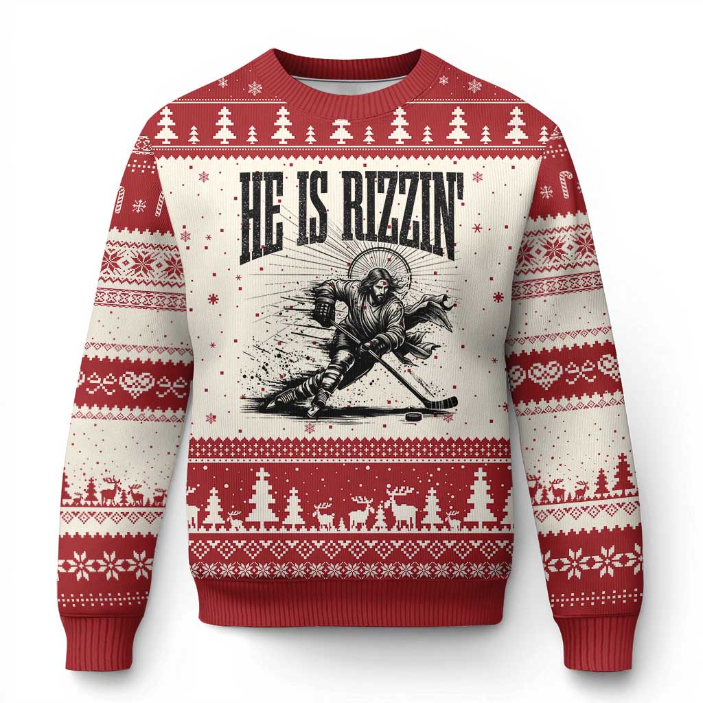 Funny Jesus Hockey Ugly Christmas Sweater He Is Rizzin' TS14 Beige Red Print Your Wear
