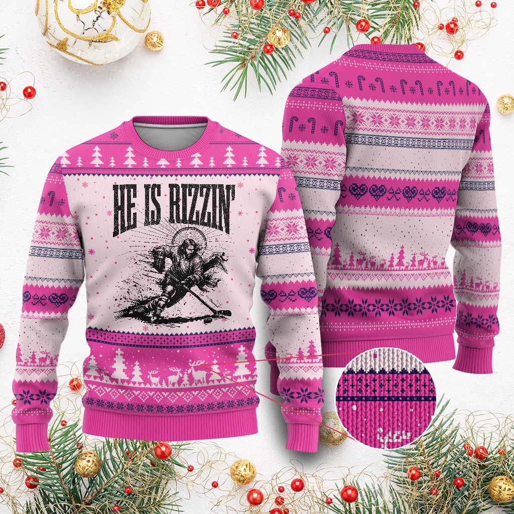 Funny Jesus Hockey Ugly Christmas Sweater He Is Rizzin' TS14 Hot Pink Print Your Wear