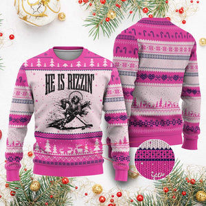Funny Jesus Hockey Ugly Christmas Sweater He Is Rizzin' TS14 Hot Pink Print Your Wear