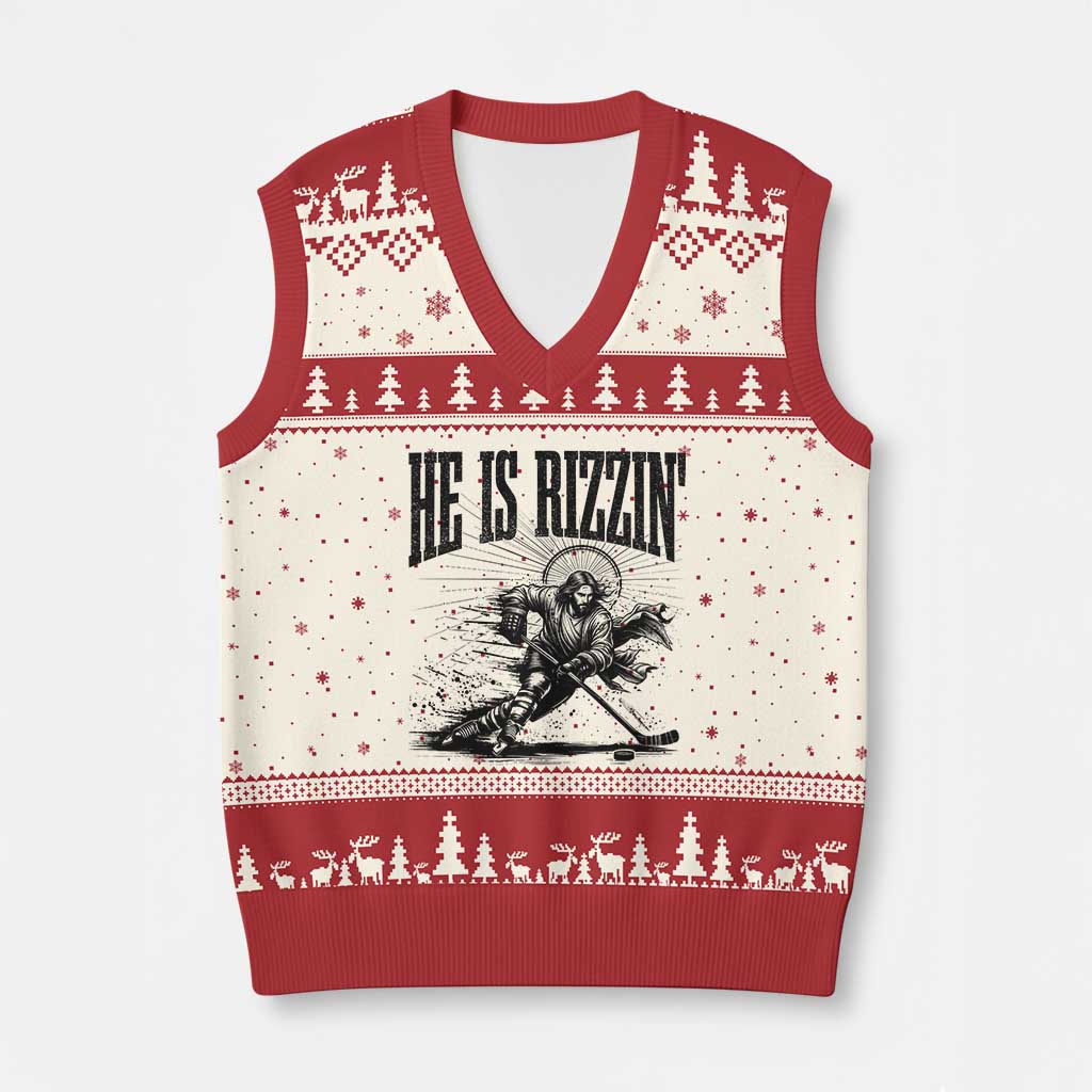 Funny Jesus Hockey V-Neck Knit Sweater Vest He Is Rizzin' TS14 Beige Red Print Your Wear