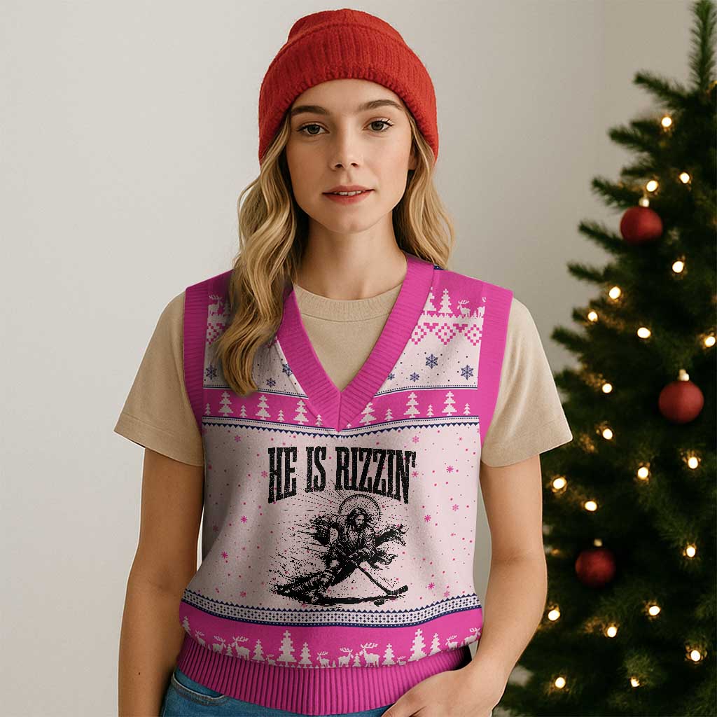 Funny Jesus Hockey V-Neck Knit Sweater Vest He Is Rizzin' TS14 Hot Pink Print Your Wear
