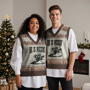 Funny Jesus Hockey V-Neck Knit Sweater Vest He Is Rizzin' TS14 Mocha Mousse Print Your Wear