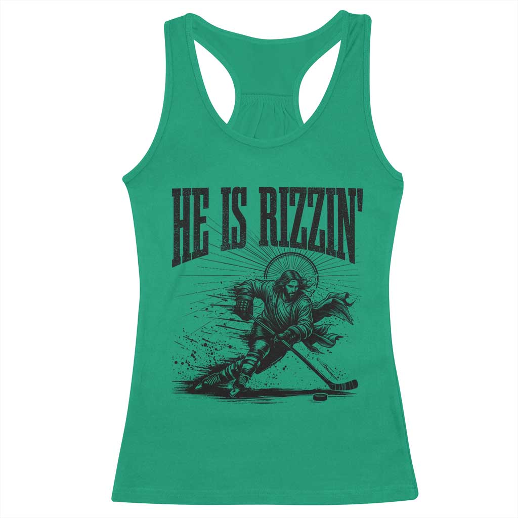 Funny Jesus Hockey Racerback Tank Top He Is Rizzin' TS14 Irish Green Print Your Wear