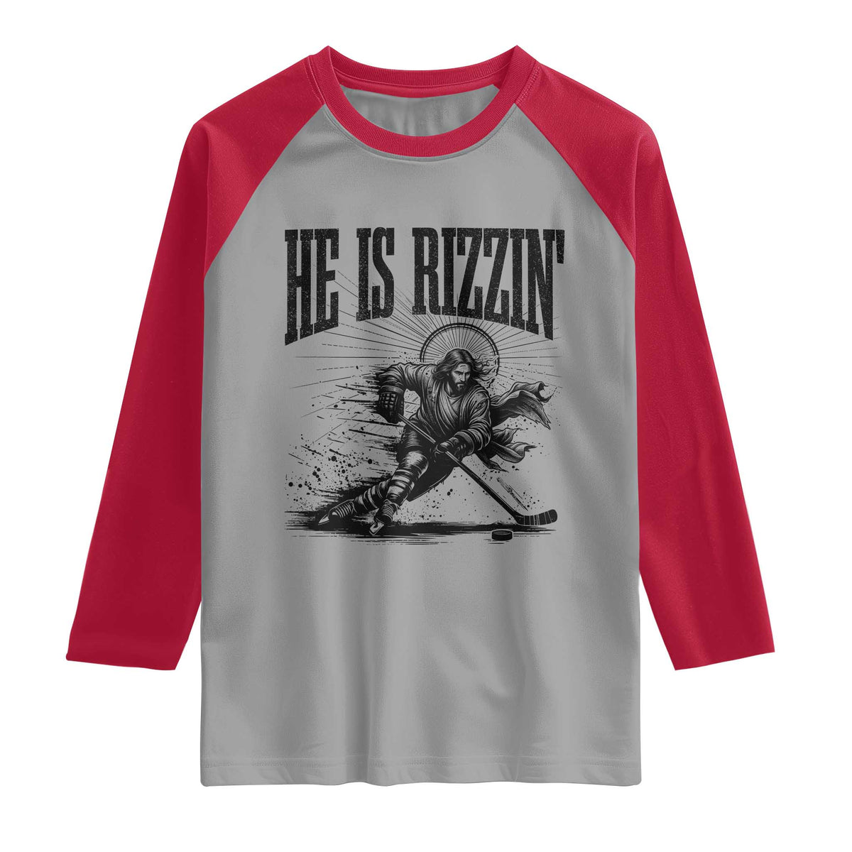 Funny Jesus Hockey Raglan Shirt He Is Rizzin' TS14 Sport Gray Red Print Your Wear