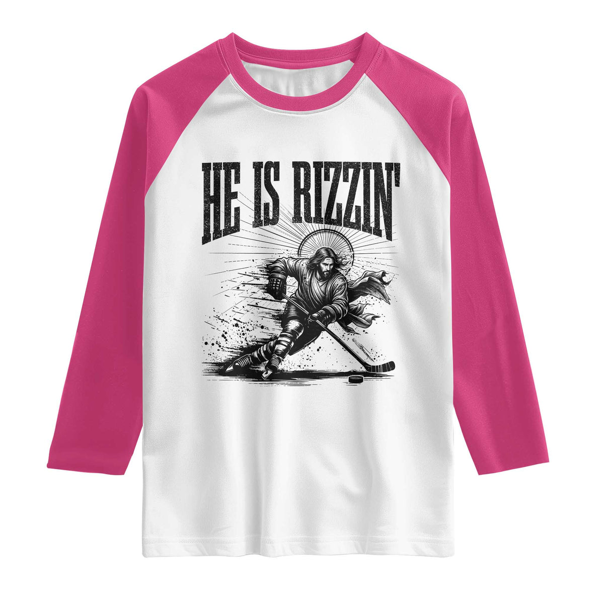 Funny Jesus Hockey Raglan Shirt He Is Rizzin' TS14 White Heliconia Print Your Wear