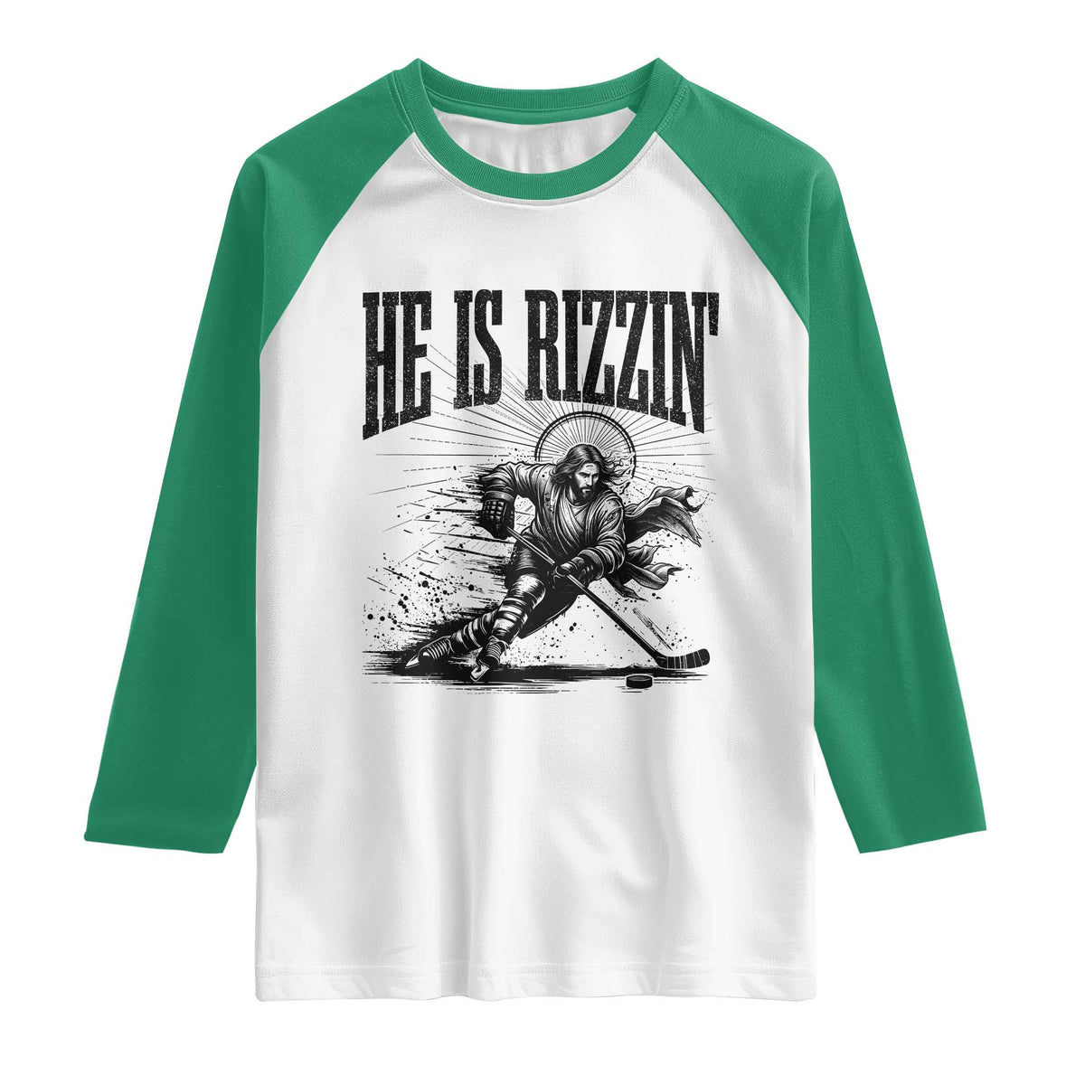 Funny Jesus Hockey Raglan Shirt He Is Rizzin' TS14 White Kelly Green Print Your Wear