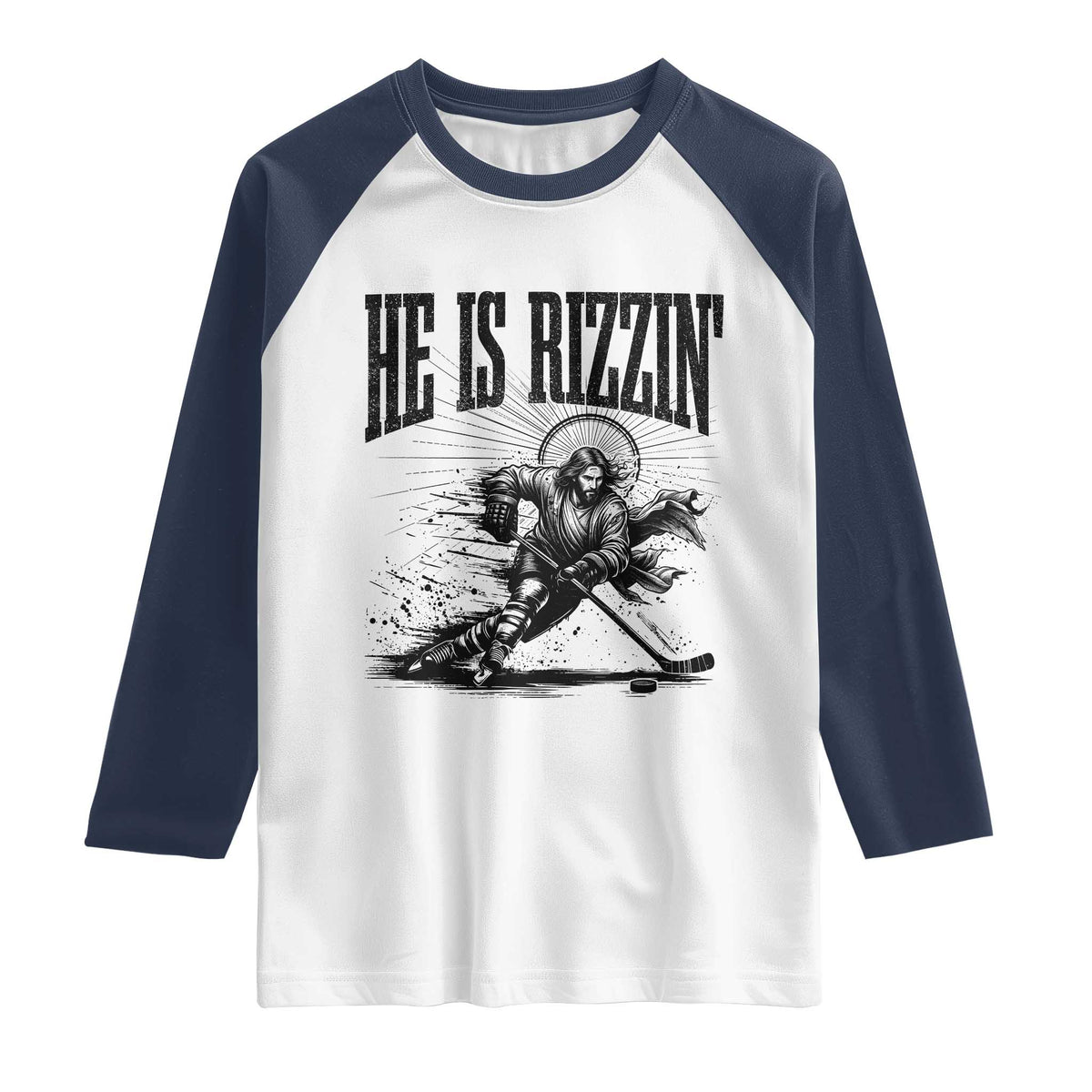 Funny Jesus Hockey Raglan Shirt He Is Rizzin' TS14 White Navy Print Your Wear