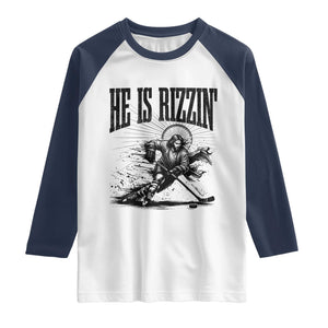 Funny Jesus Hockey Raglan Shirt He Is Rizzin' TS14 White Navy Print Your Wear