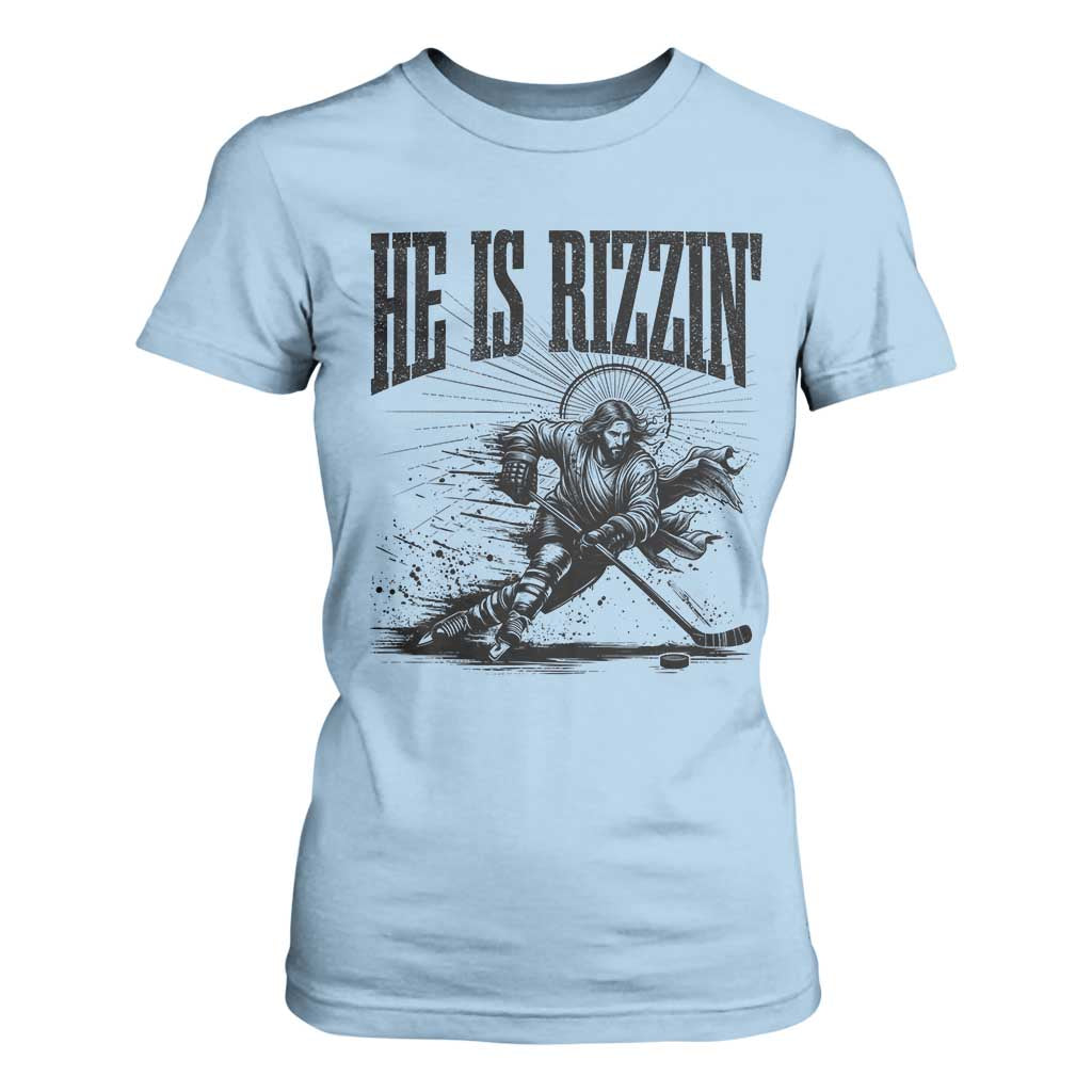 Funny Jesus Hockey T Shirt For Women He Is Rizzin' TS14 Light Blue Print Your Wear
