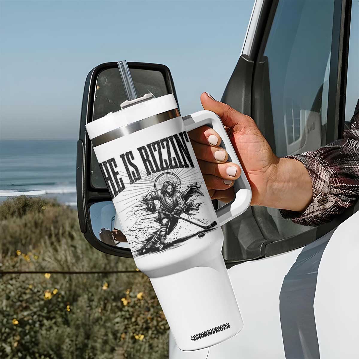 Funny Jesus Hockey Tumbler With Handle He Is Rizzin' TS14 Print Your Wear