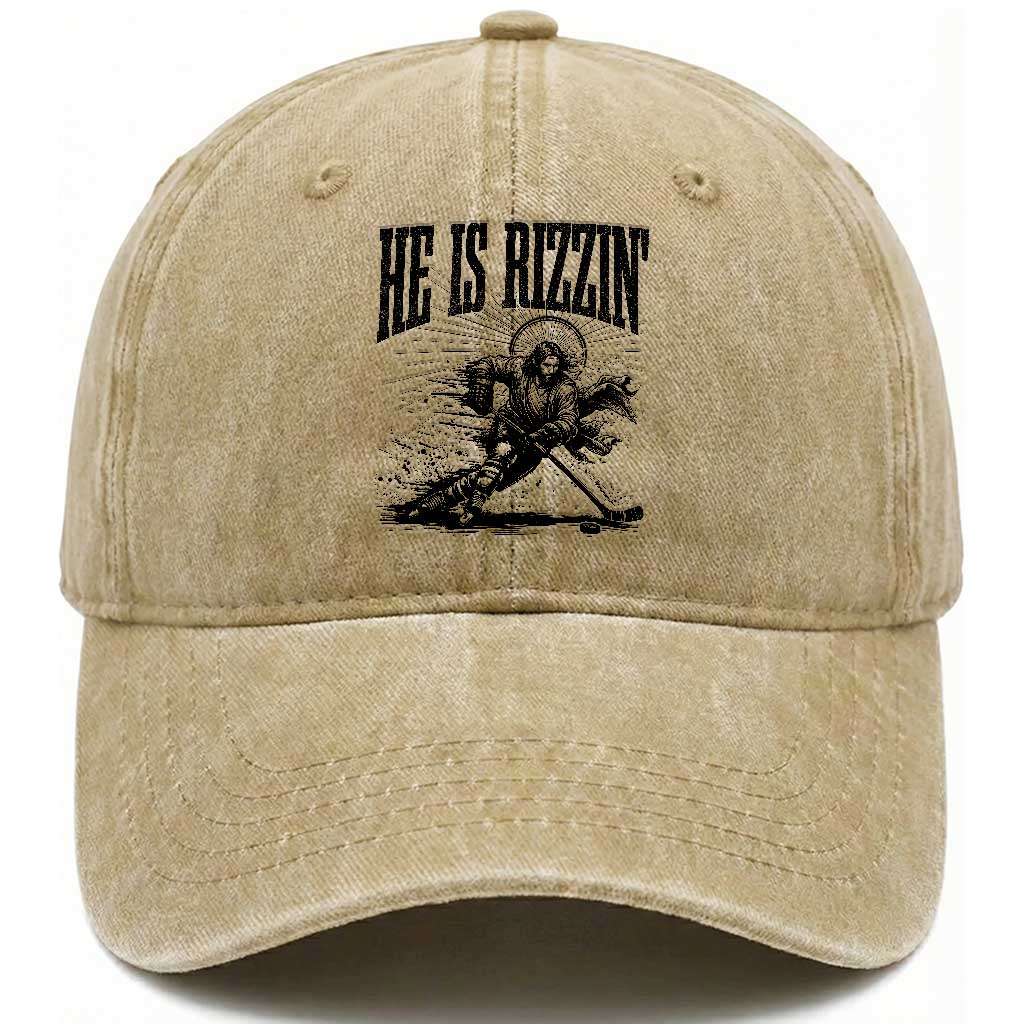 Funny Jesus Hockey Washed Cotton Baseball Cap He Is Rizzin' TS14 Washed Cap Universal Fit Khaki Print Your Wear