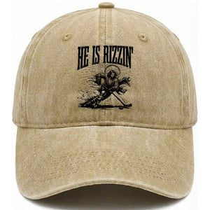 Funny Jesus Hockey Washed Cotton Baseball Cap He Is Rizzin' TS14 Washed Cap Universal Fit Khaki Print Your Wear
