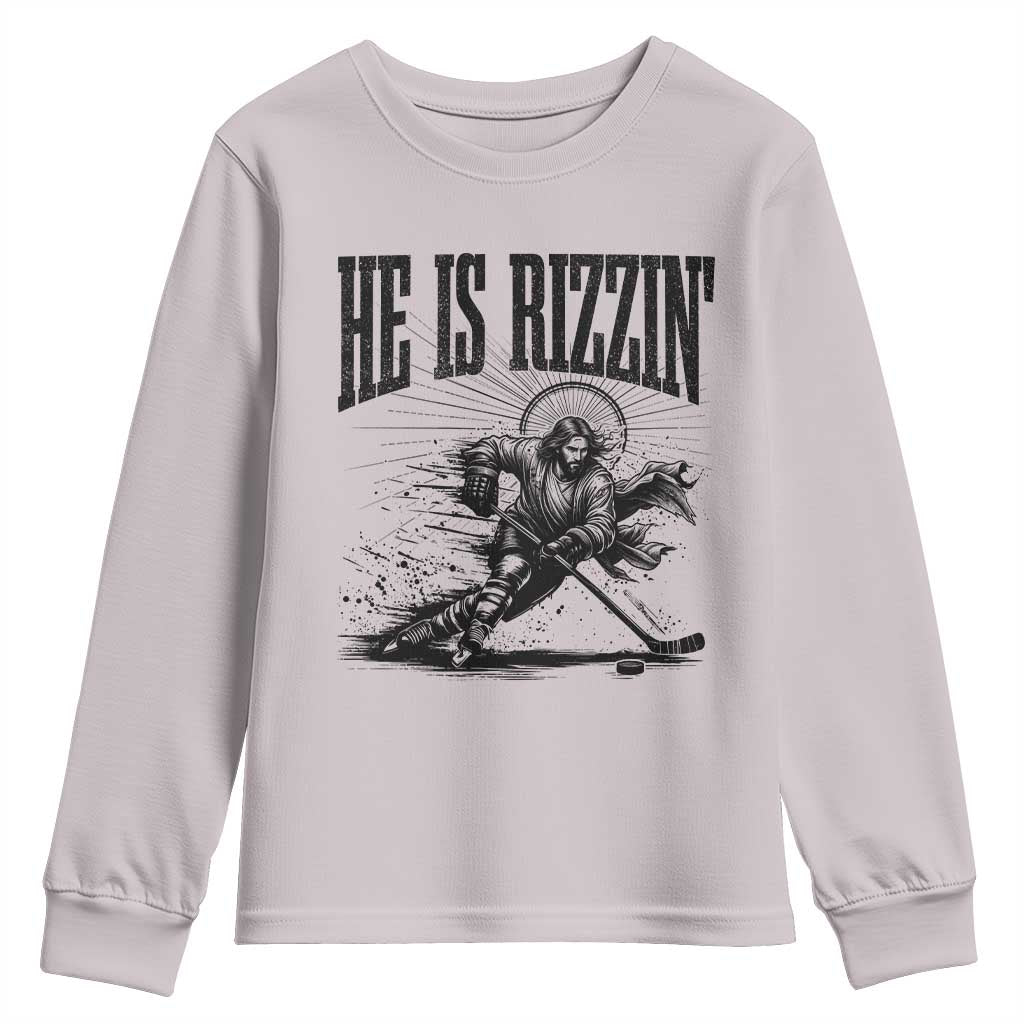 Funny Jesus Hockey Youth Sweatshirt He Is Rizzin' TS14 Ice Gray Print Your Wear