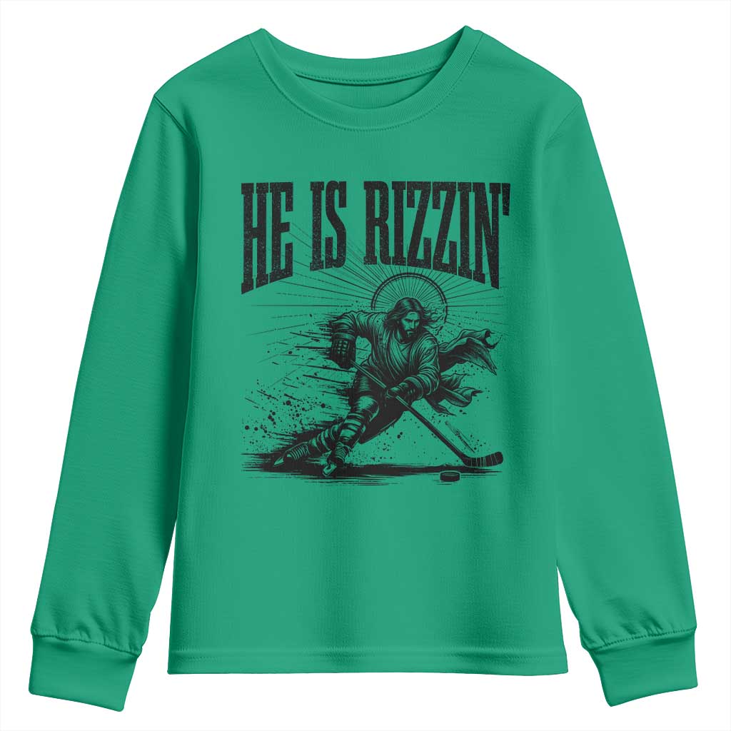 Funny Jesus Hockey Youth Sweatshirt He Is Rizzin' TS14 Irish Green Print Your Wear