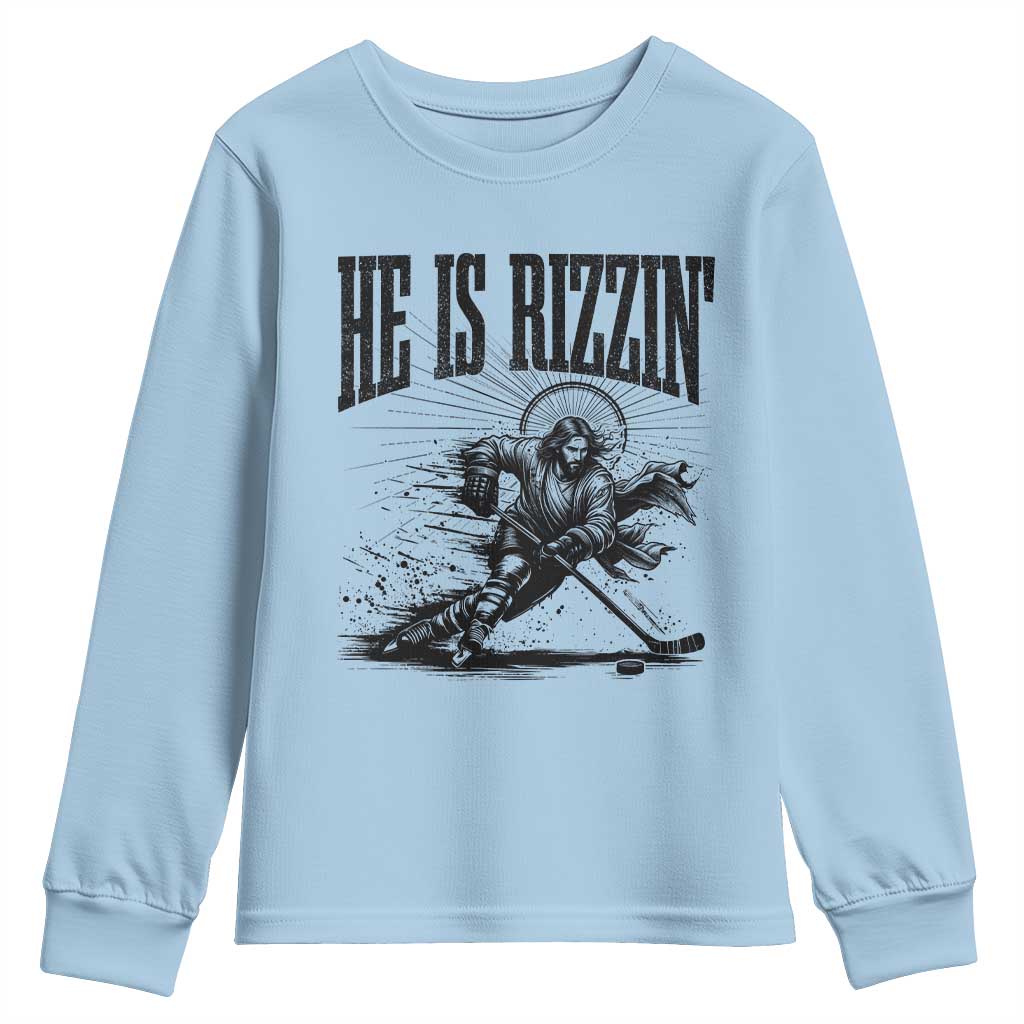 Funny Jesus Hockey Youth Sweatshirt He Is Rizzin' TS14 Light Blue Print Your Wear