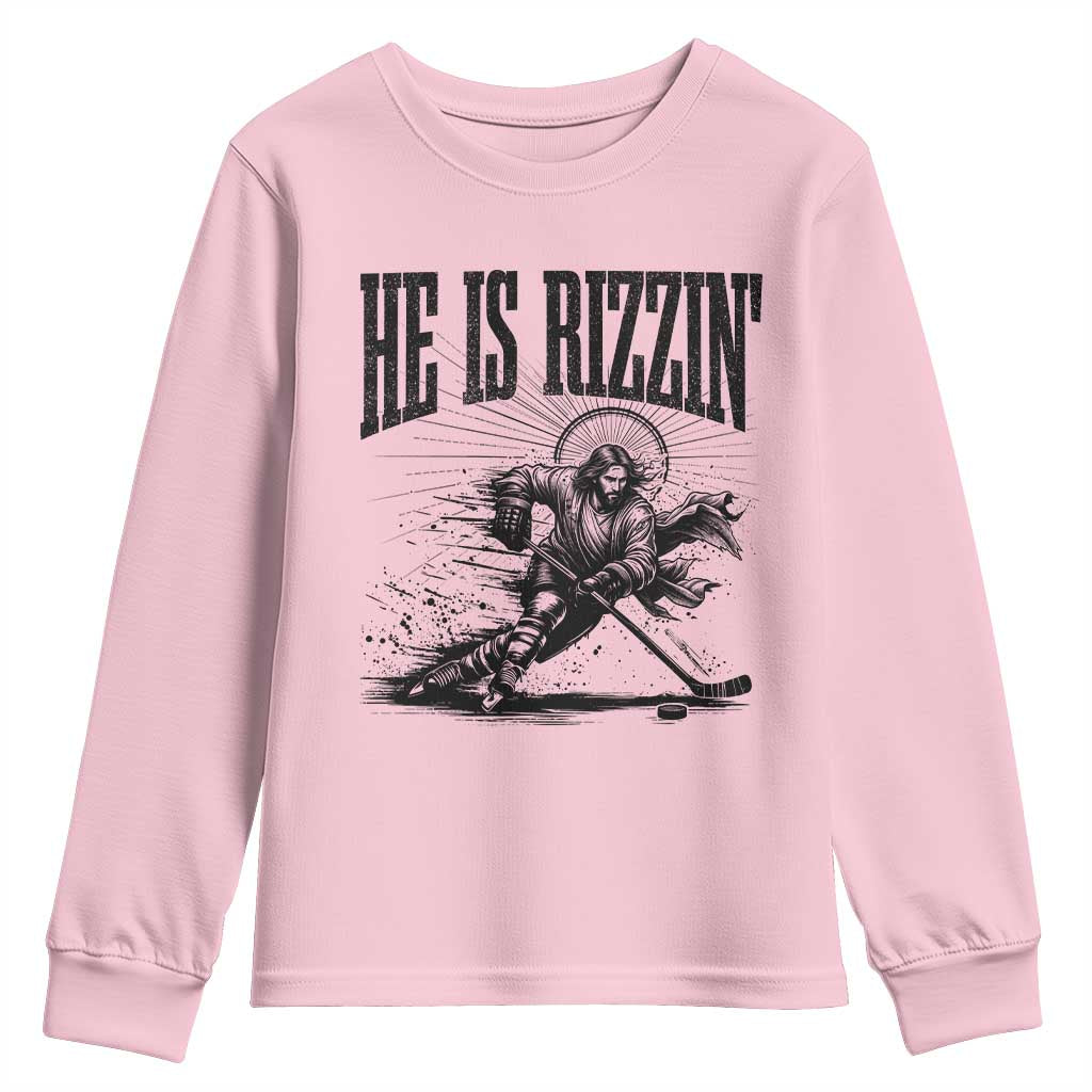 Funny Jesus Hockey Youth Sweatshirt He Is Rizzin' TS14 Light Pink Print Your Wear