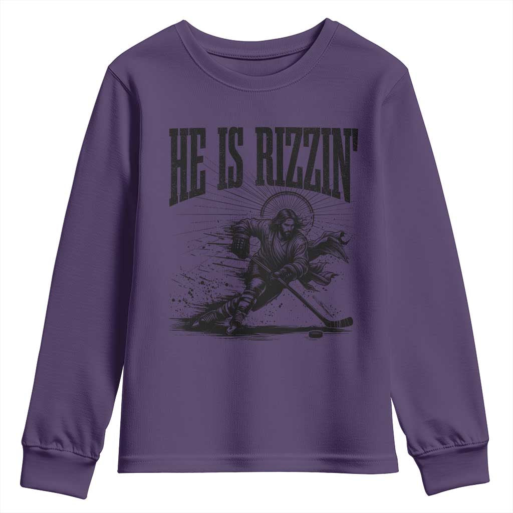 Funny Jesus Hockey Youth Sweatshirt He Is Rizzin' TS14 Purple Print Your Wear