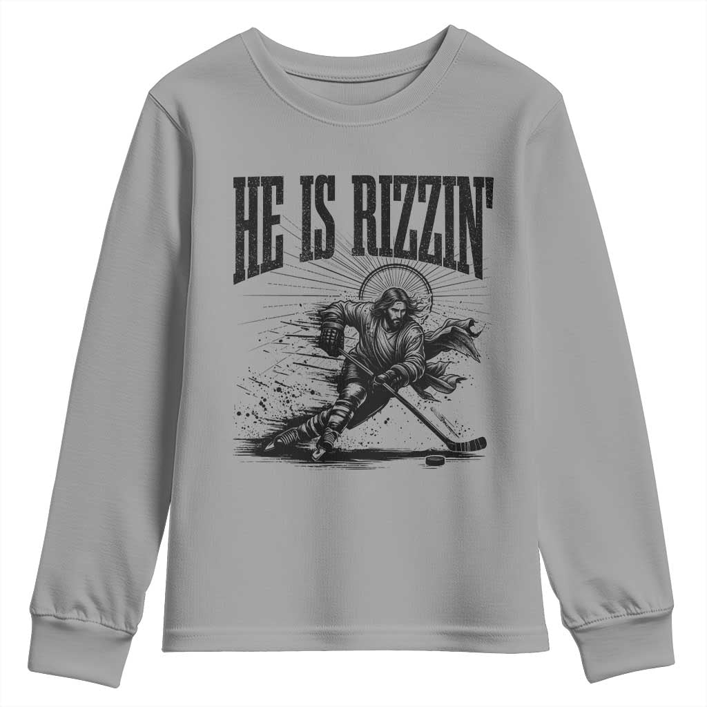 Funny Jesus Hockey Youth Sweatshirt He Is Rizzin' TS14 Sport Gray Print Your Wear