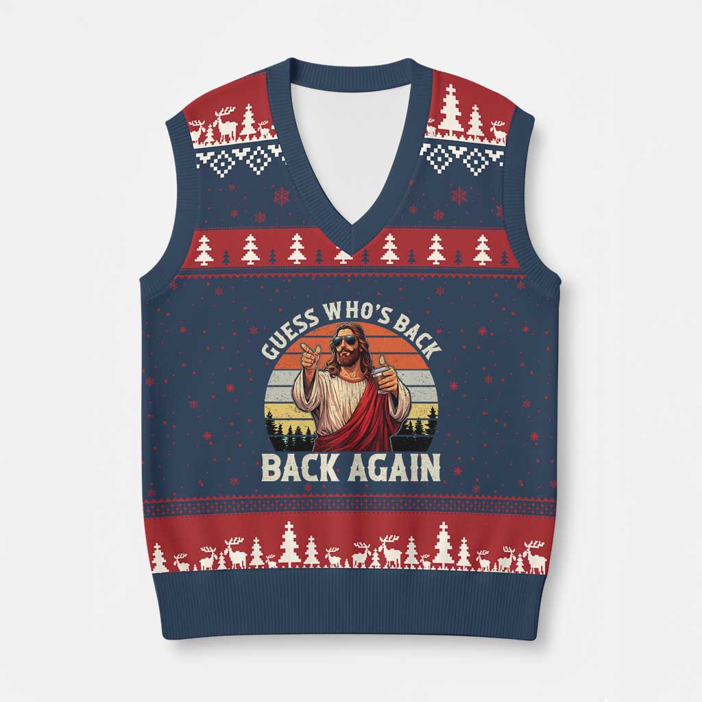 Funny Jesus Easter V-Neck Knit Sweater Vest Guess Who's Back? Back Again Easter TS14 Navy Red Print Your Wear