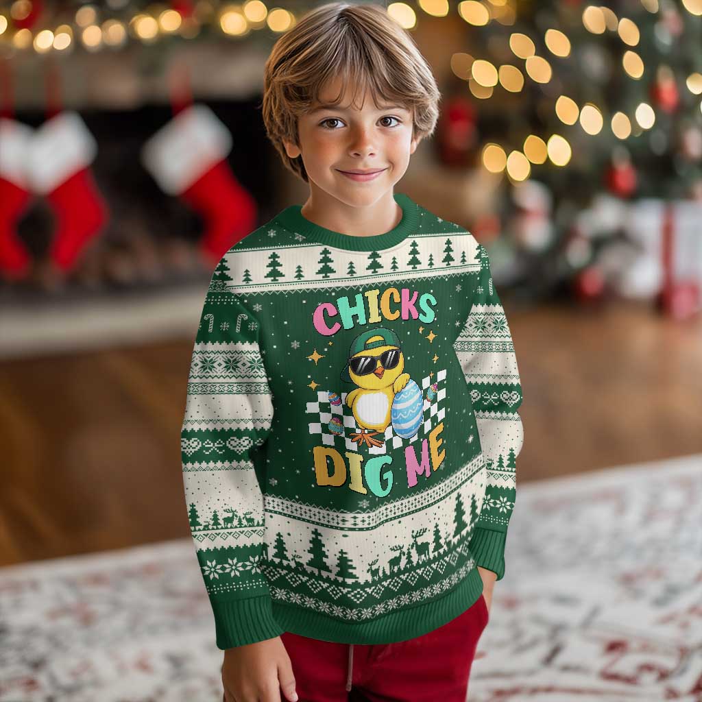 Chicks Dig Me Ugly Christmas Sweater Funny Easter Chick TS14 Forest Green Beige Print Your Wear