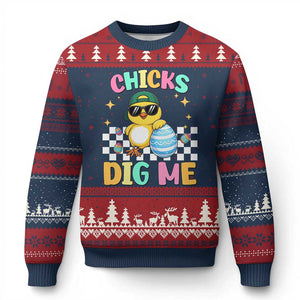 Chicks Dig Me Ugly Christmas Sweater Funny Easter Chick TS14 Navy Red Print Your Wear
