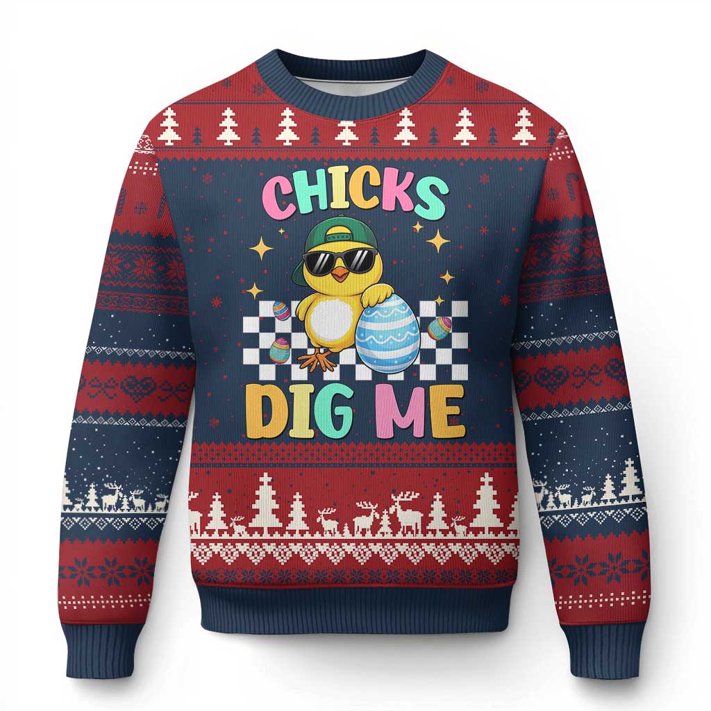 Chicks Dig Me Ugly Christmas Sweater Funny Easter Chick TS14 Navy Red Print Your Wear