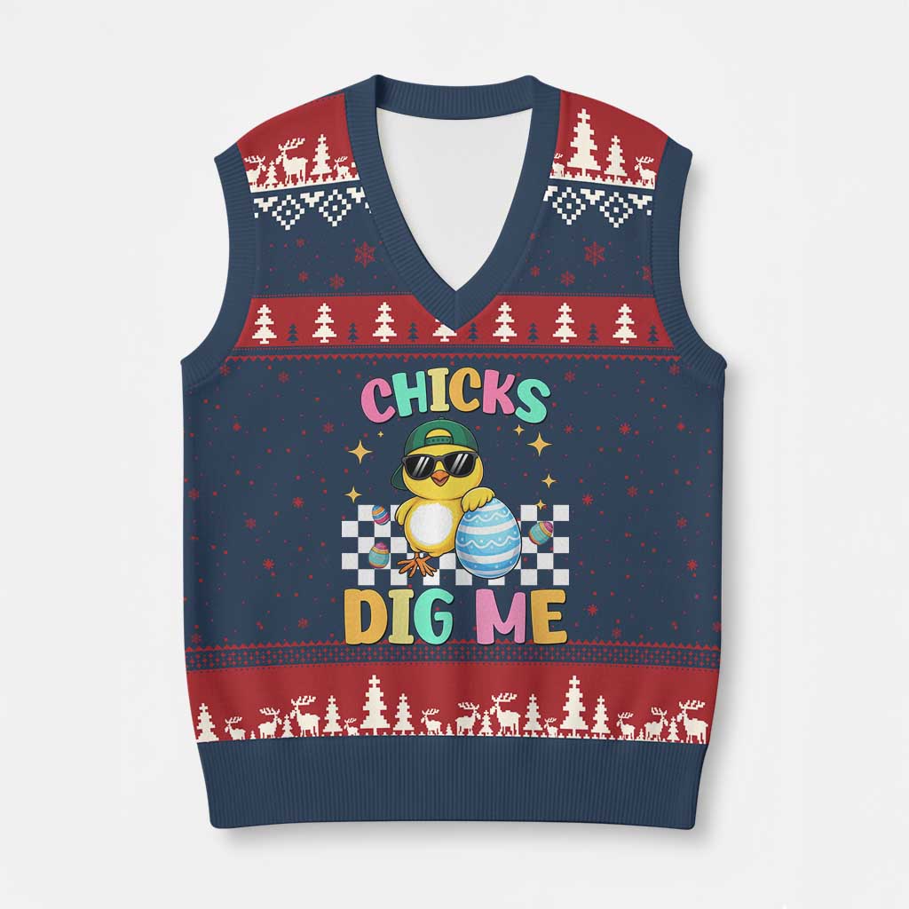 Chicks Dig Me V-Neck Knit Sweater Vest Funny Easter Chick TS14 Navy Red Print Your Wear