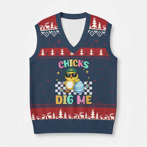 Chicks Dig Me V-Neck Knit Sweater Vest Funny Easter Chick TS14 Navy Red Print Your Wear