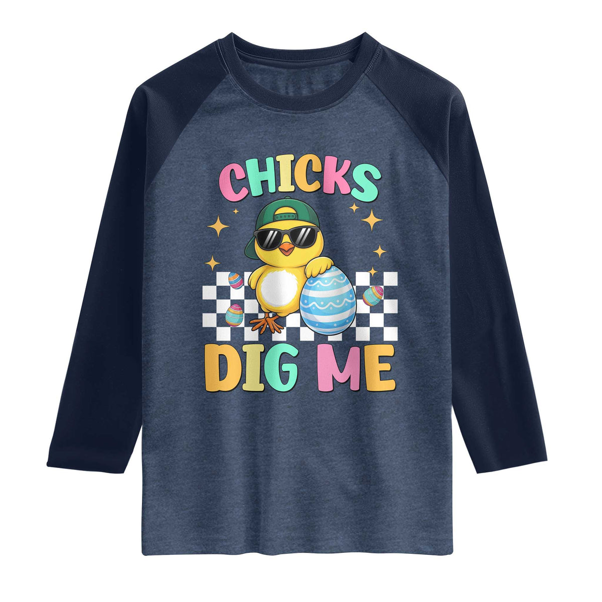 Chicks Dig Me Raglan Shirt Funny Easter Chick TS14 Heather Denim Navy Print Your Wear