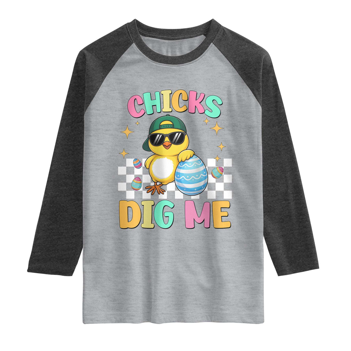 Chicks Dig Me Raglan Shirt Funny Easter Chick TS14 Heather Gray Heather Charcoal Print Your Wear