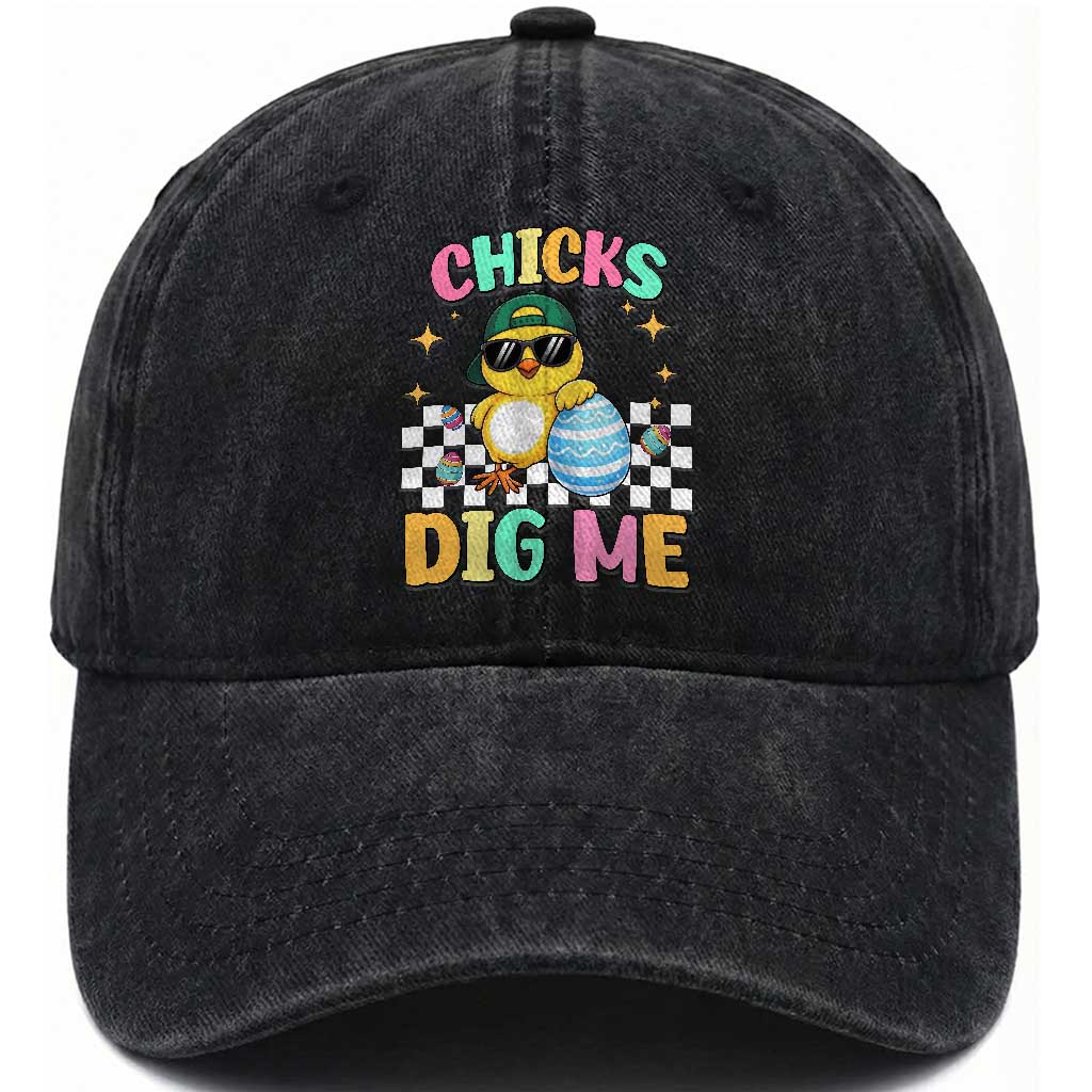 Chicks Dig Me Washed Cotton Baseball Cap Funny Easter Chick TS14 Washed Cap Universal Fit Black Print Your Wear