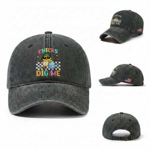 Chicks Dig Me Washed Cotton Baseball Cap Funny Easter Chick TS14 Washed Cap Universal Fit Dark Green Print Your Wear