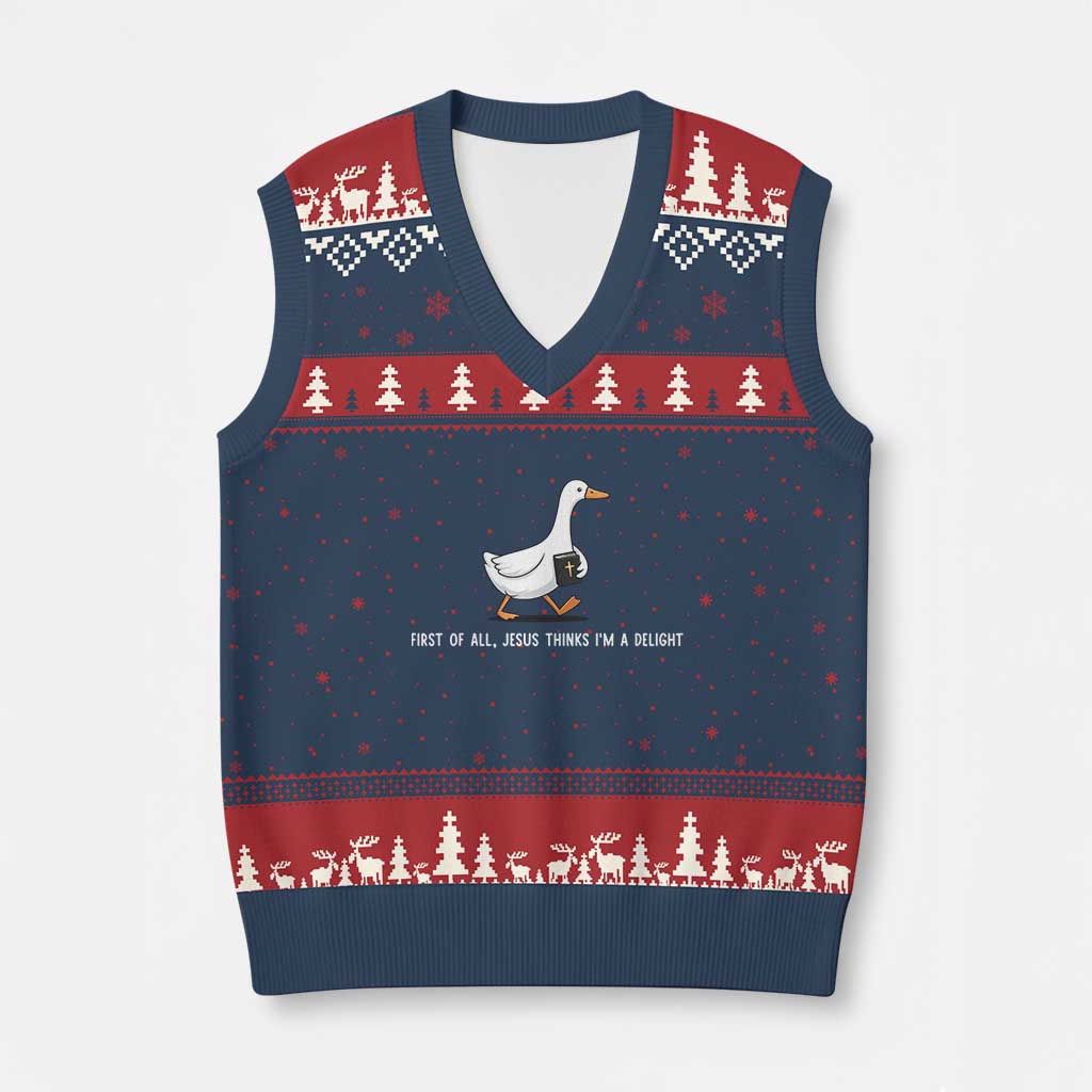 Jesus Thinks I'm A Delight V-Neck Knit Sweater Vest Funny Christian Goose Sarcastic TS14 Navy Red Print Your Wear