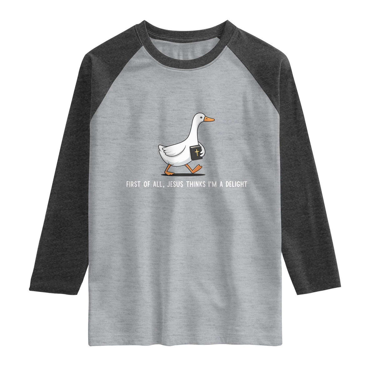 Jesus Thinks I'm A Delight Raglan Shirt Funny Christian Goose Sarcastic TS14 Heather Gray Heather Charcoal Print Your Wear