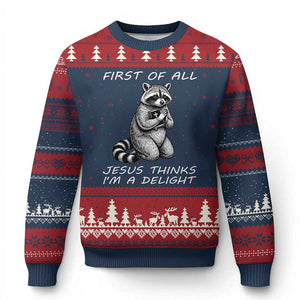 First of All Jesus Thinks I'm A Delight Ugly Christmas Sweater Funny Raccoon Christian TS14 Navy Red Print Your Wear