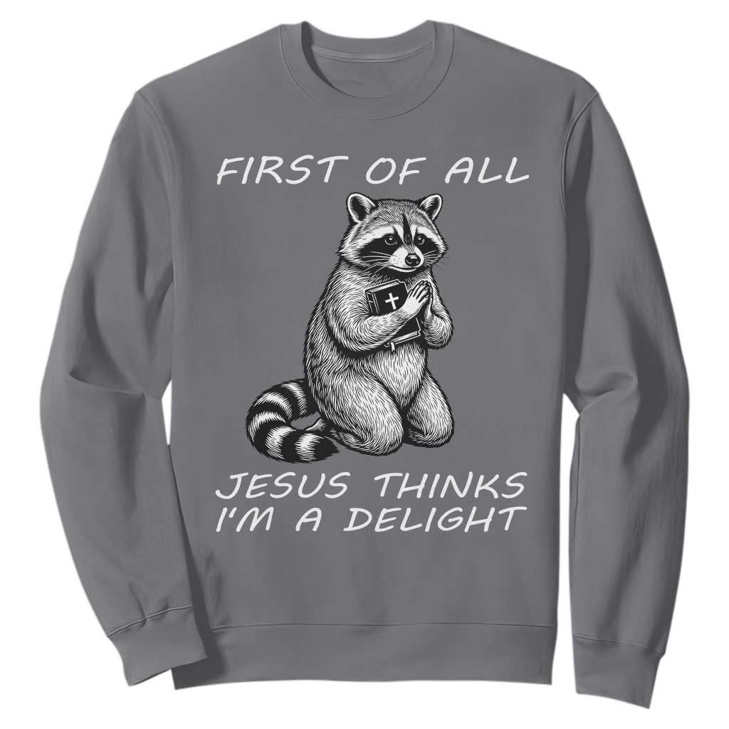 First of All Jesus Thinks I'm A Delight Sweatshirt Funny Raccoon Christian TS14 Charcoal Print Your Wear