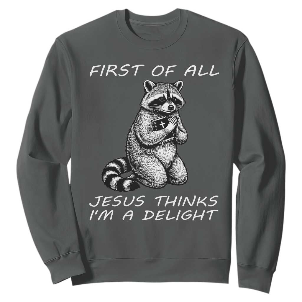 First of All Jesus Thinks I'm A Delight Sweatshirt Funny Raccoon Christian TS14 Dark Heather Print Your Wear