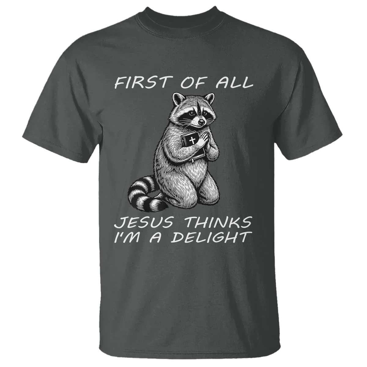 First of All Jesus Thinks I'm A Delight T Shirt Funny Raccoon Christian TS14 Dark Heather Print Your Wear