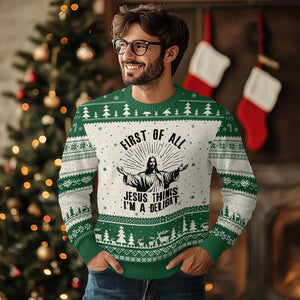 First of All Jesus Thinks I'm A Delight Ugly Christmas Sweater Funny Jesus Christian TS14 Beige Green Print Your Wear