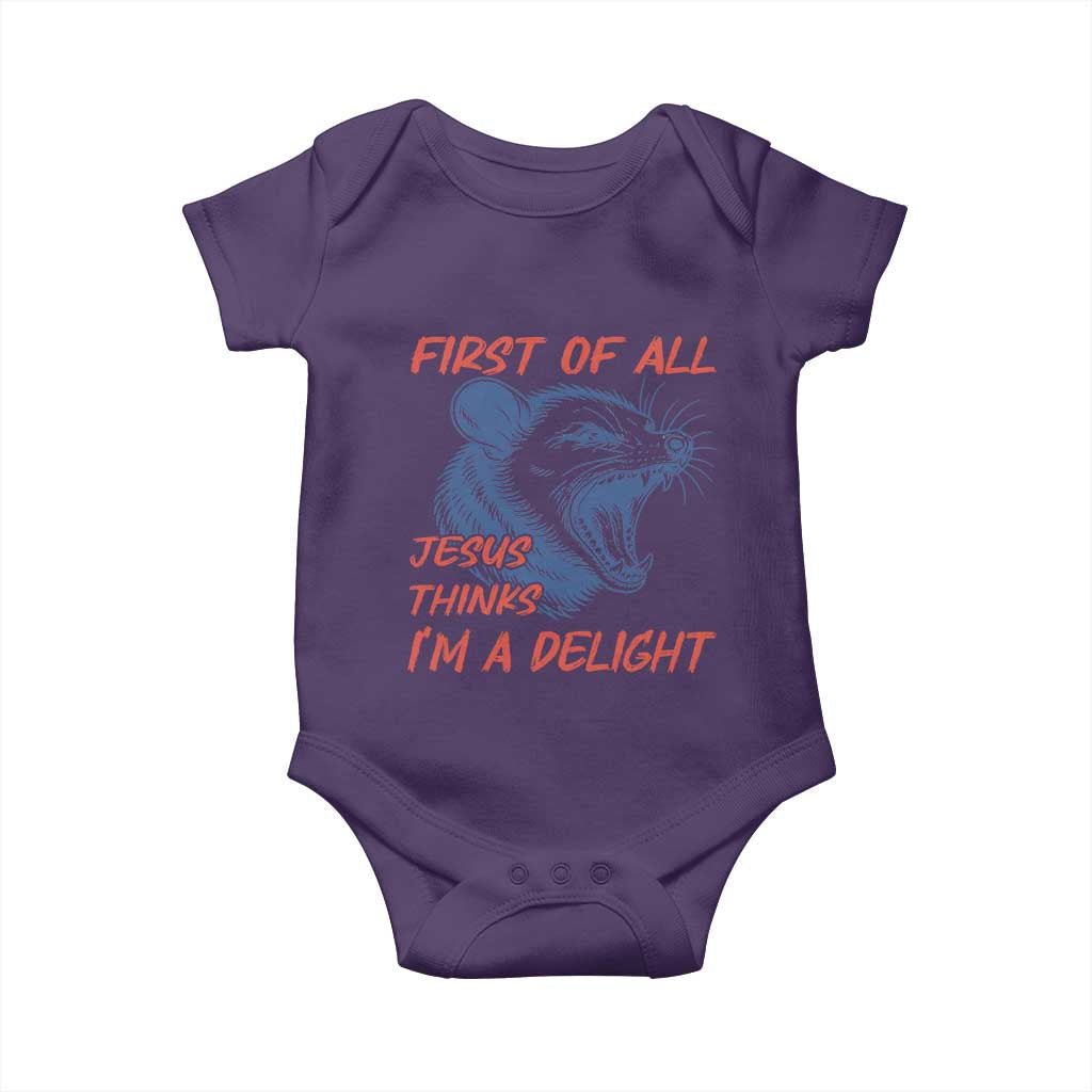 First of All Jesus Thinks I'm A Delight Baby Onesie Funny Opossum Christian TS14 Purple Print Your Wear