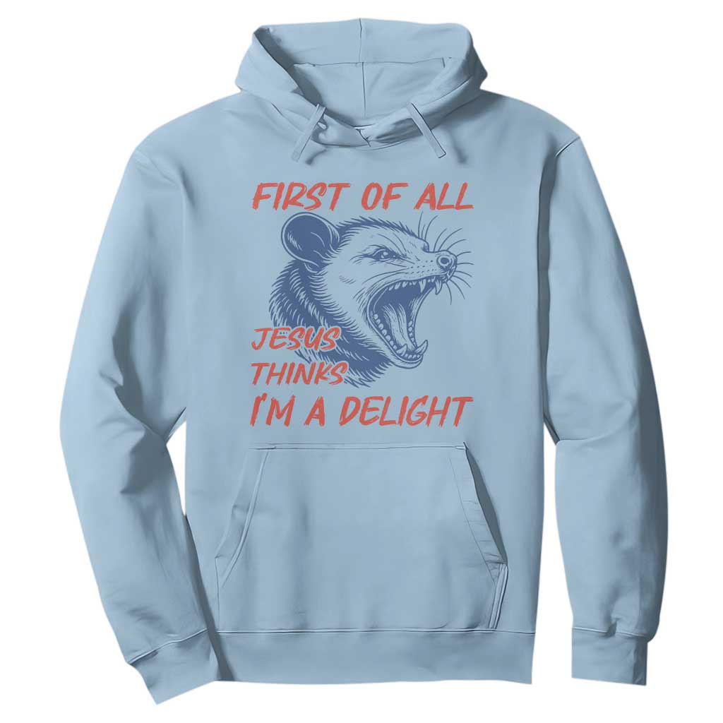 First of All Jesus Thinks I'm A Delight Hoodie Funny Opossum Christian TS14 Light Blue Print Your Wear