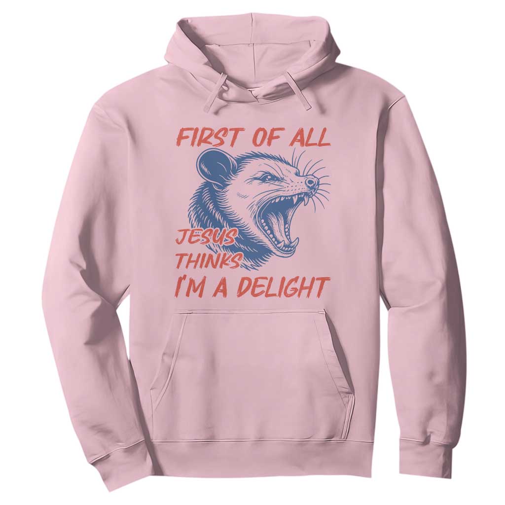 First of All Jesus Thinks I'm A Delight Hoodie Funny Opossum Christian TS14 Light Pink Print Your Wear